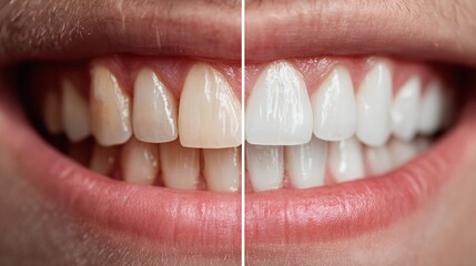 Obraz premium Dental Transformation: Before and After. A clear demonstration of teeth whitening, showcasing the dramatic difference in shade and brightness, enhancing the smile's allure.