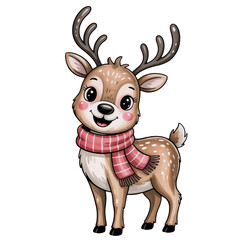 Cute cartoon deer wearing a scarf with a joyful expression, perfect for holiday decorations and children's art projects