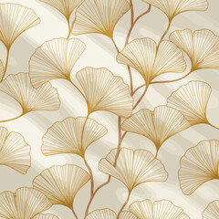 Elegant Ginkgo Leaves Pattern with Golden Outlines and Soft Beige Background for Textile and Interior Design Applications and Wallpaper Creation