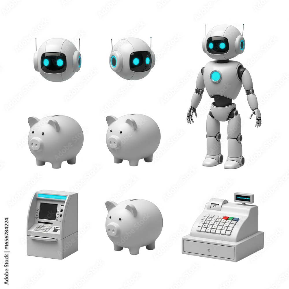 Poster collection of financial objects and robots isolated on transparent background