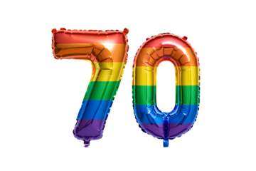 Rainbow colored number 70 balloons isolated on transparent background