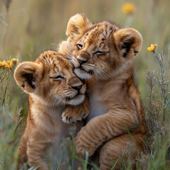young lions playing in the grass.