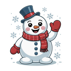 Cheerful snowman waving in a winter wonderland with snowflakes falling around