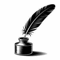 Elegant Quill Pen and Inkwell Depicting Classic Writing Illustration in Detailed Black and White Design
