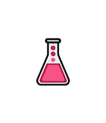 Simple, flat, stylized illustration of a pink Erlenmeyer flask filled with a magenta liquid, three small, round, light-pink bubbles on top