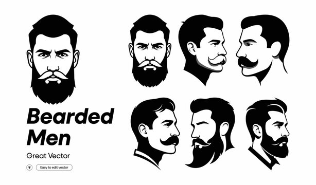 Diverse bearded men faces in outline style