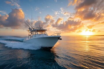 Naklejka premium Fishing boat cruising through calm waters at sunset with dramatic clouds and vibrant colors