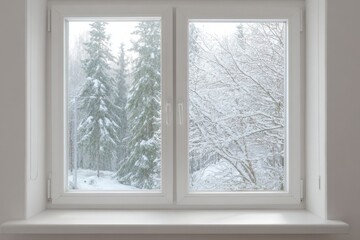 New plastic PVC window with white metal frame installed at modern house, winter snow trees view. Typical installation of insulated glazing windows. uPVC frame high thermal insulation values in room