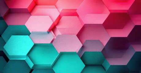 Hexagonal pattern creates abstract background. Pink, teal hues dominate composition. Geometric shapes offer modern aesthetic.