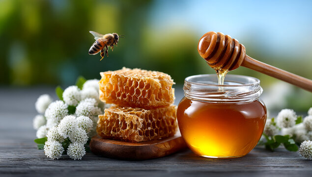 Fresh honey with honeycomb and flowers. A close view of honey in a jar, honeycomb pieces, and white flowers, with a bee hovering nearby in a sunny setting.