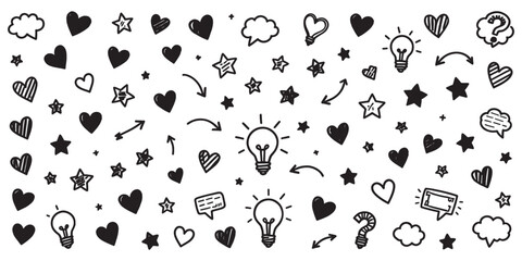 Fototapeta premium Whimsical hand-drawn icons featuring hearts stars lightbulbs and question marks create a playful and inspiring visual theme