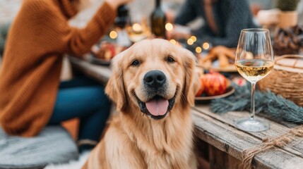 Golden retriever enjoying outdoor autumn meal gathering