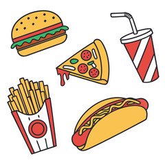 This colorful illustration features a variety of popular fast food items including a hamburger, fries, two hot dogs, a doughnut, a slice of pizza, and two different types of soft drinks with straws. T