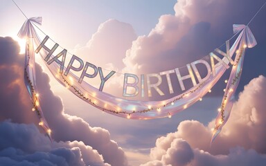Fototapeta premium Happy Birthday banner draped in a cloudy sky with lights