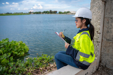 Environmental engineers work at the water storage plant, check the pH of the water, check the...