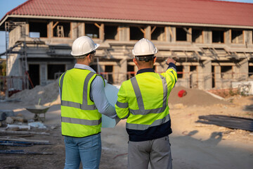 Two Asian engineer working at site of a large building project,Thailand people,Work overtime at construction site,Team of engineer discus at site