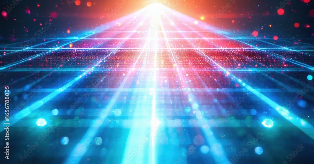 Poster bright futuristic tunnel. lines converge toward distant light source. vivid colors create dynamic vi