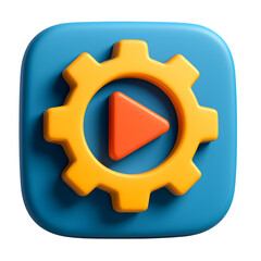Cartoon Style Icon Featuring a Play Button Inside a Gear on a Rounded Square Blue Background
