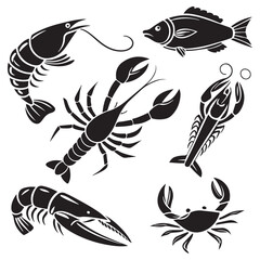 Naklejka premium Collection of diverse seafood and marine life rendered in a striking black silhouette style on a white background showcasing variety and natural forms