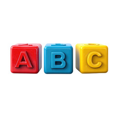 Three colorful alphabet blocks, red, blue, and yellow, forming the letters A, B, and C