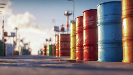 A row of colored metal barrels on a dock in close up. An industrial port scene with containers and cargo logistics in the background. 