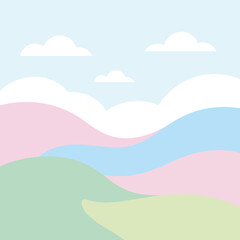 Obraz premium Pastel Colored Landscape Illustration with Rolling Hills and Fluffy Clouds Simple and Minimalist Design for Backgrounds and Art Prints