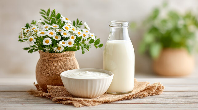 Dairy with flowers on table. A bottle of milk and a bowl of yogurt sit beside a vase of daisies on a rustic wooden table.