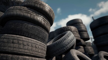 Obraz premium A stack of used tires, showcasing various sizes and textures, against a backdrop of blue sky and clouds, emphasizing recycling and waste management.