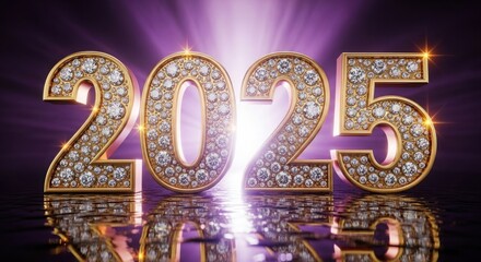 Sparkling diamond numbers 2025 illuminated by bright spotlight on reflective surface