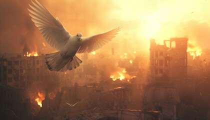 A dove, a symbol of peace, flies over a destroyed city in flames.