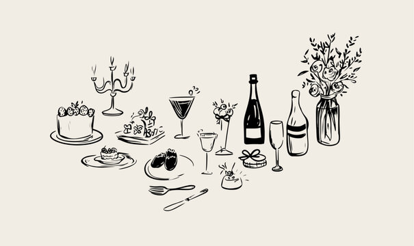 Minimalist hand drawn food and drink vector illustration. Wine, champagne glass, cheese, cake drawings for wedding invitations, menus and parties. Ink doodle sketch style