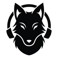 Black fox head wearing headphones graphic logo wolf animal