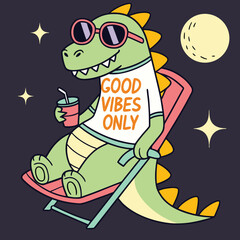Good Vibes Only
This fun and cheerful image features a cool cartoon crocodile lounging comfortably on an orange chair. The crocodile is wearing stylish sunglasses and has a relaxed, happy expression. 