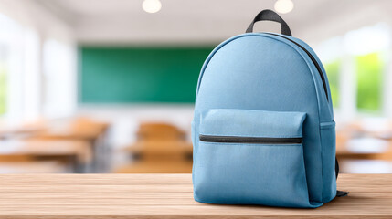 Blue backpack placed on a wooden desk. A blue backpack rests on a wooden desk in a bright classroom with empty chairs and a chalkboard in the background.