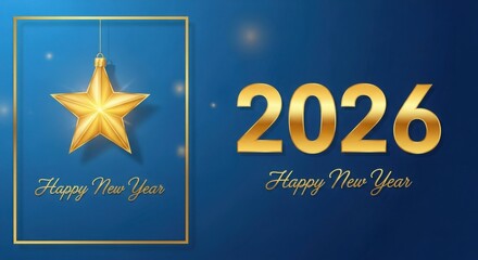 Golden star and 2026 happy new year text on a deep blue background with subtle sparkles