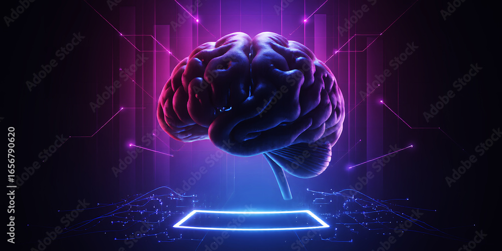 Poster a brain illuminated in neon colors with geometric shapes and lines in a dark environment