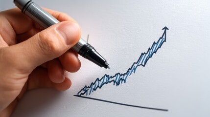 Fototapeta premium Close-up of hand drawing rising financial graph with marker, concept of business analytics and market forecasting on white background, copy space.