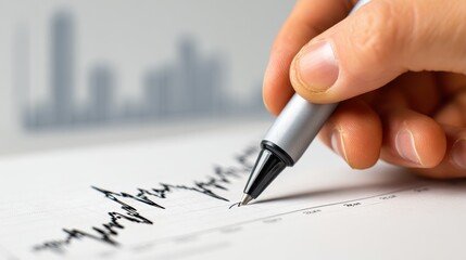 Close-up of hand drawing rising financial graph with marker, concept of business analytics and market forecasting on white background, copy space.