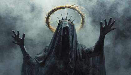 rite of the dark sorceress demoness, a woman in a black veil and an evil halo.