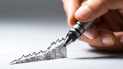 Close-up of hand drawing rising financial graph with marker, concept of business analytics and market forecasting on white background, copy space.