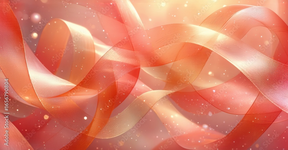 Poster abstract background features flowing ribbons, warm colors, sparkling highlights. soft curves create 