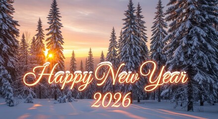Happy new year 2026 glowing text over a snowy pine forest at sunrise