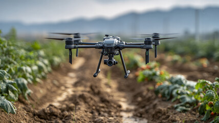 Agricultural drone flying over crop rows — precision farming, yield monitoring and agrotechnology.