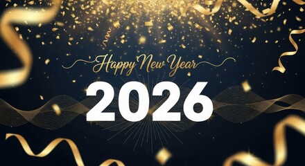 Happy new year 2026 celebration with golden confetti and streamers on a dark background