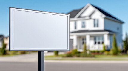 Blank real estate sign displaying suburban home for sale in sunny neighborhood