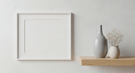 Elegant minimalist interior mockup with blank white frame, modern vase, and dried flowers on wooden shelf