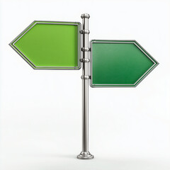Two green blank directional arrow signs pointing in opposite directions on metal pole