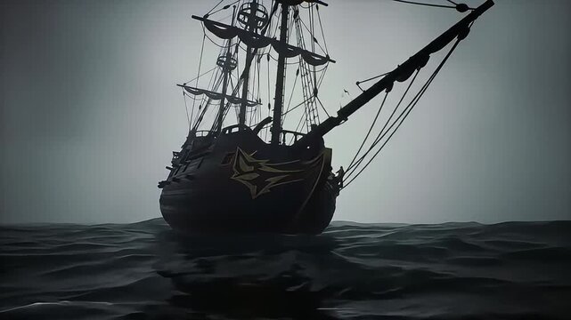 Dark Galleon Ship Silhouetted, Braving Turbulent Ocean Waves Under Ominous Sky