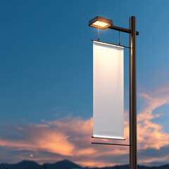 Blank vertical banner hanging on a street lamp post at sunset: promoting your message with style
