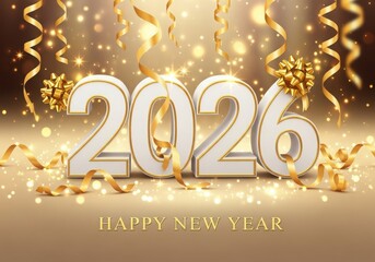 Elegant 3d numbers 2026 with golden confetti and ribbons celebrating happy new year